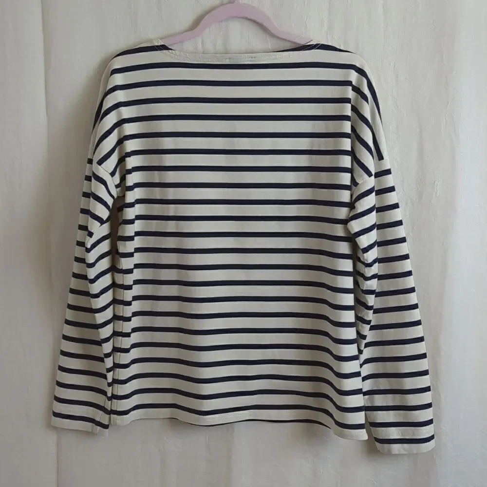 J Crew Top Size M Navy and White Stripe Embroidered Red Lips Kisses
